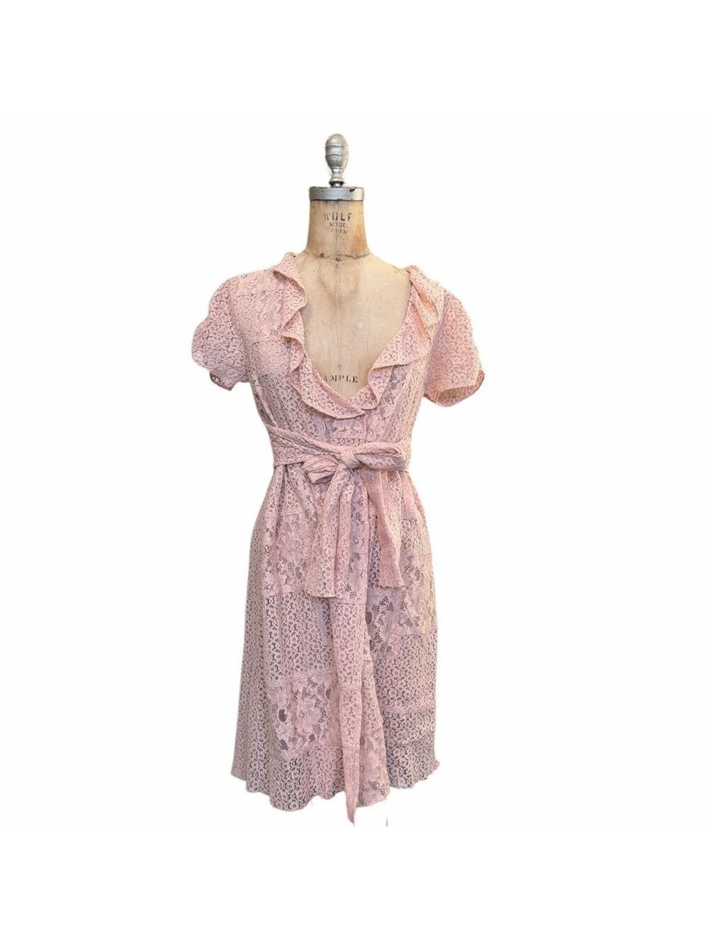 Odd Molly Blooming Soft Pink Lace Faux Wrap Dress with Ruffle Neckline Size M/2